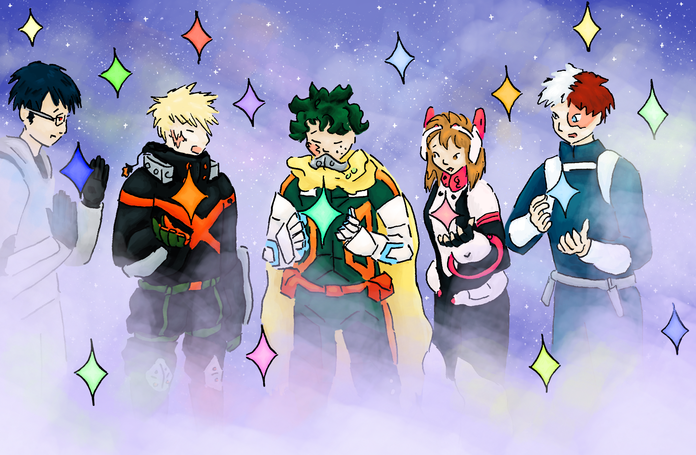 Iida, Bakugou, Midoriya, Uraraka, and Todoroki all stand holding colorful four pointed stars. They are surrounded by stars and fog.